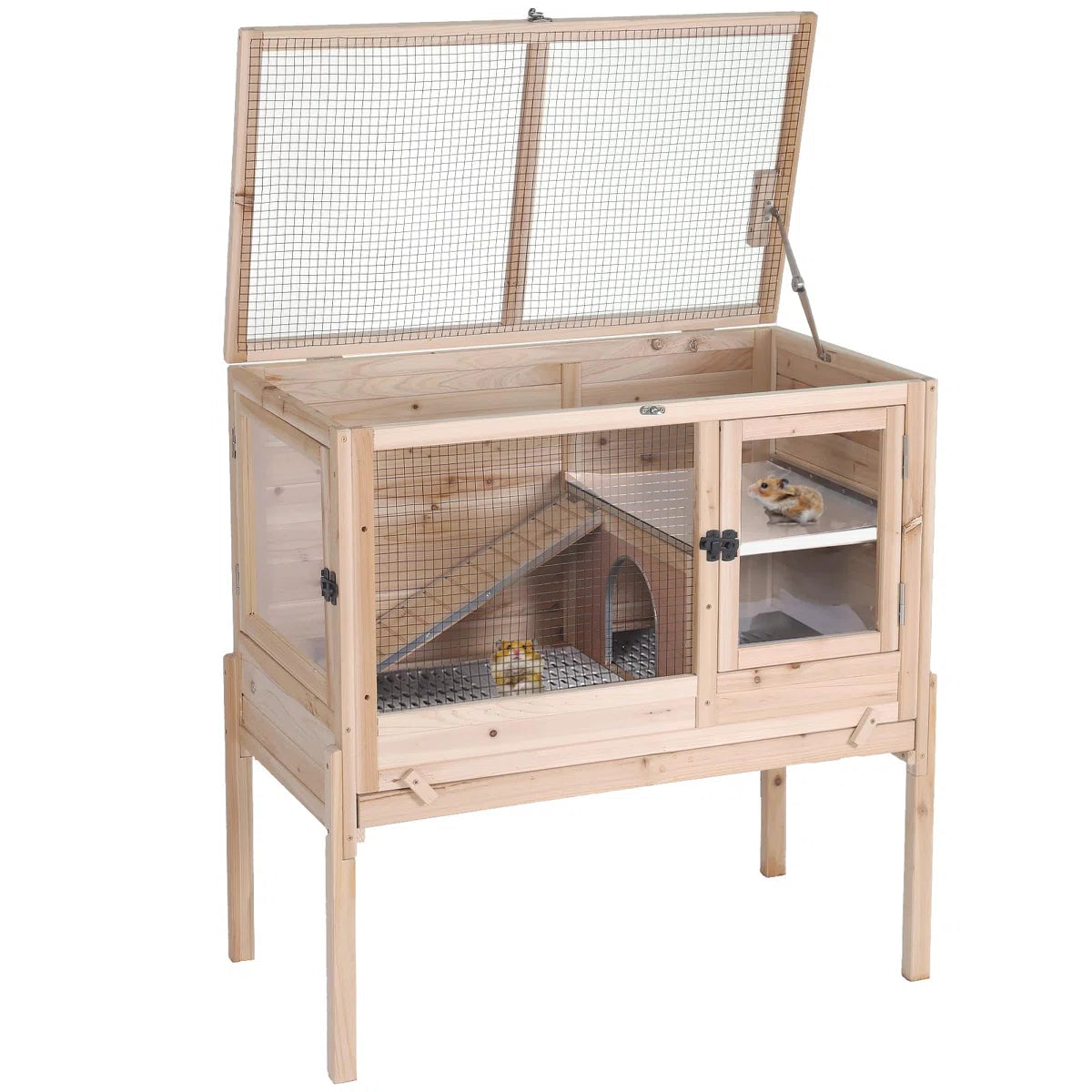 Wooden Guinea Pig Cages Indoor with Removable Stand, Anti Chewing Rabbit Hutch with Ramp and Wire Mesh, 2 Story Small Animals House Habitat with Pull Out Tray, Natural