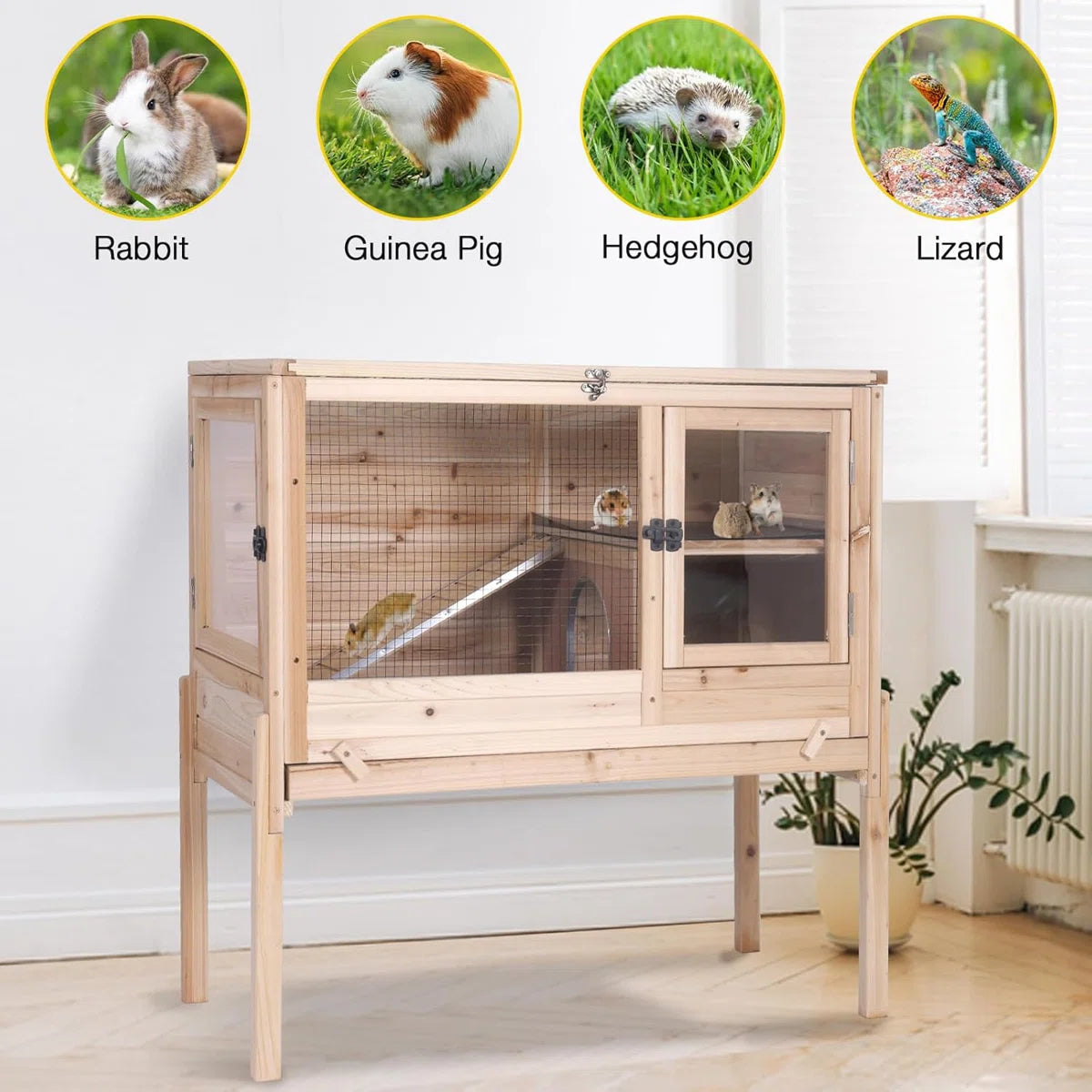 Wooden Guinea Pig Cages Indoor with Removable Stand, Anti Chewing Rabbit Hutch with Ramp and Wire Mesh, 2 Story Small Animals House Habitat with Pull Out Tray, Natural