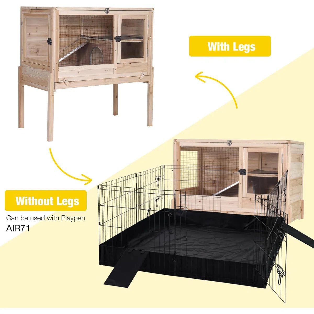 Wooden Guinea Pig Cages Indoor with Removable Stand, Anti Chewing Rabbit Hutch with Ramp and Wire Mesh, 2 Story Small Animals House Habitat with Pull Out Tray, Natural